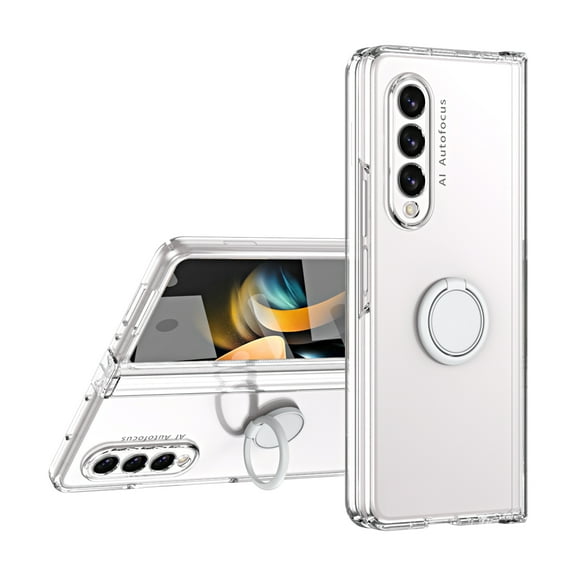 Mantto for Samsung Galaxy Z Fold4 Slim Case,Built-in Screen Protector & Rotatable Ring Bracket,Shockproof Hinge Protection Magnetic Car Mount Anti-Fingerprint Ultra Thin Phone Case,Clear