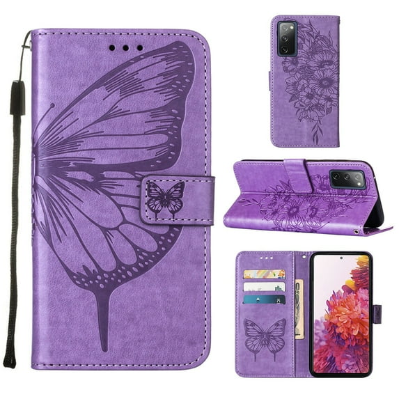 Mantto Samsung S20 FE Case, Magnetic Folio Butterfly Patterned Wallet Case, PU Leather with Wrist Strap Credit Card Holder Slots Kickstand Protective Cover For Samsung Galaxy S20 FE, Lightpurple