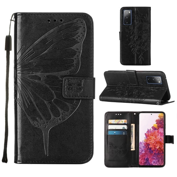 Mantto Samsung S20 FE Case, Magnetic Folio Butterfly Patterned Wallet Case, PU Leather with Wrist Strap Credit Card Holder Slots Kickstand Protective Cover For Samsung Galaxy S20 FE, Black