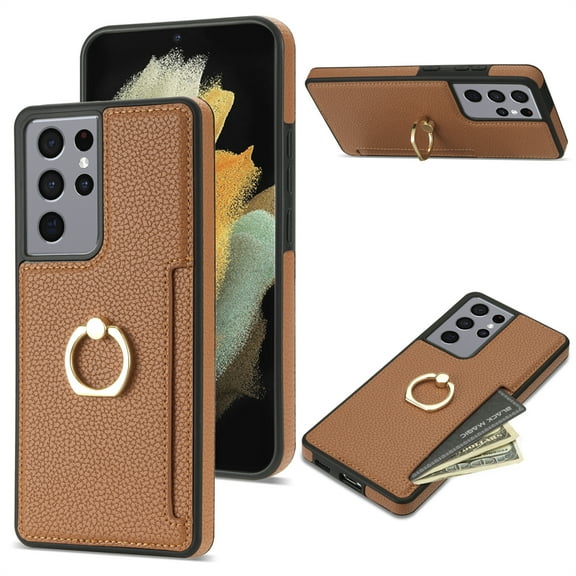 Mantto for Samsung S21 Ultra Wallet case with [360°Rotation Ring Kickstand]【RFID Blocking】 Credit Card Holder, PU Leather Phone case Cover Women Men for Samsung Galaxy S21 Ultra, Brown