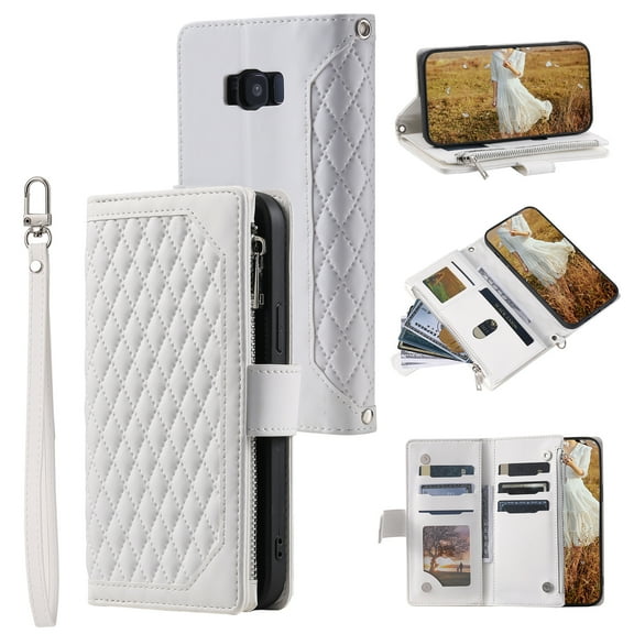 Mantto for Samsung S8 Plus,PU Leather Crossbody Case Purse Zipper Pocket Folio Card Slots Wallet Kickstand Phone Case with Shoulder Strap & Wrist Strap For Samsung Galaxy S8 Plus,
White