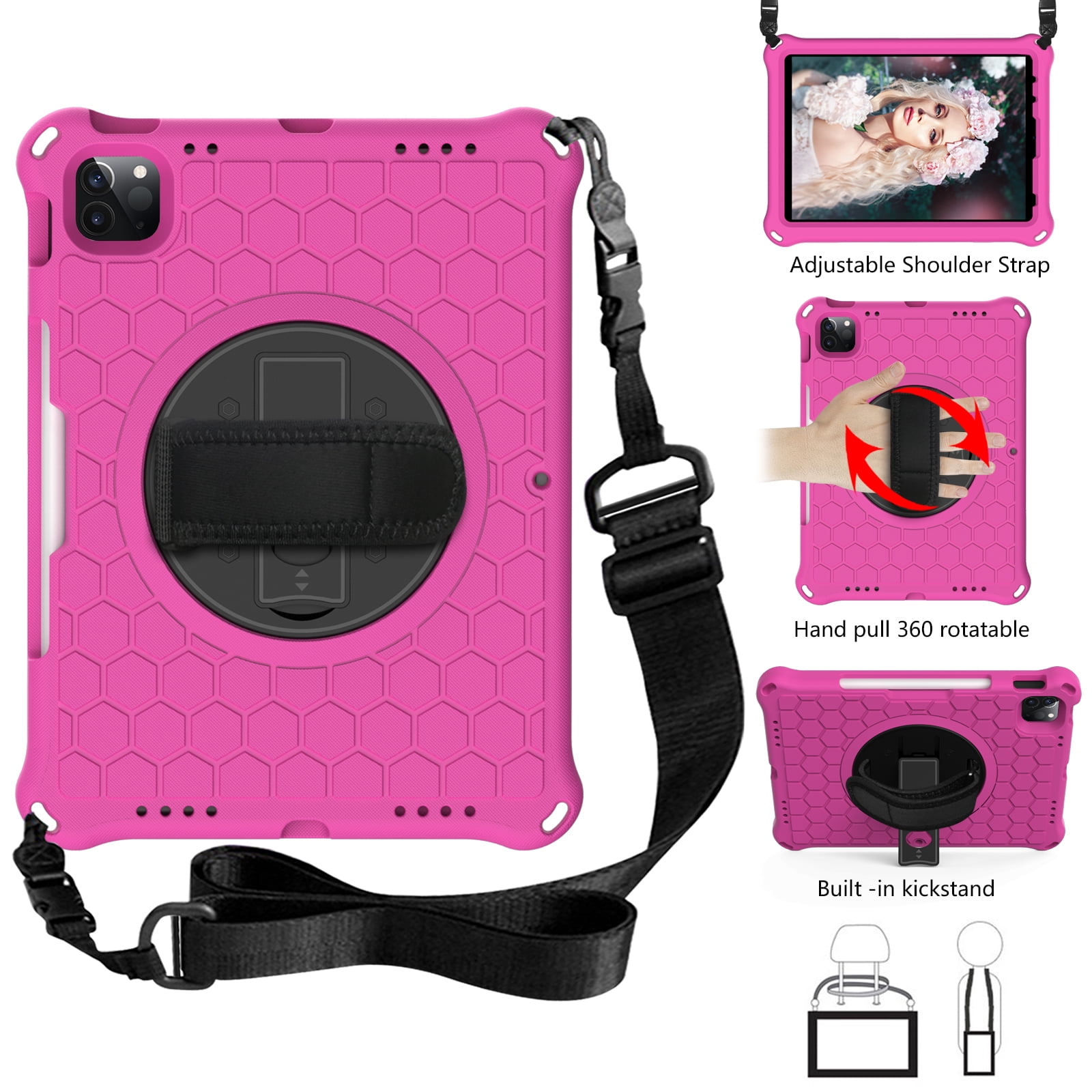 Mantto Shockproof Case for iPad 10th Generation 10.9" 2022 iPad Case with Shoulder Strap,Heavy Duty Rotating Kickstand Hand Strap Rugged Defender Protective Case w/Pencil Holder, Rose+Black