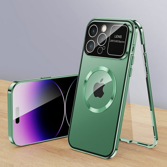 Mantto Slim Clear Case for iPhone 14 with Built-in Screen Protector, Rugged PC + Metal Frame Shockproof Cover with Camera Lens Film Anti-Fingerprints Case for iPhone 14, Green