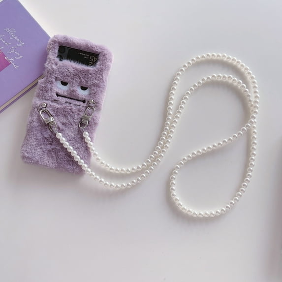 Mantto Soft Plush Phone Case for Samsung Galaxy Z Flip3,Fashion Winter Keep Warm Fur Shockproof Little Monster Design Crossbody Protective Case with Detachable Bead Lanyard,White