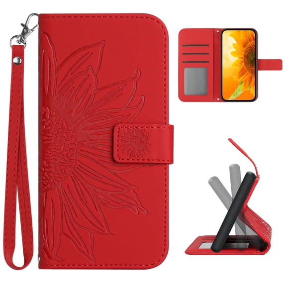 Mantto Wallet Case for Motorola Moto G Power 2022 6.5 inch,Stylish Sunflower Embossed PU Leather Shockproof Protective Magnetic Flip Kickstand Card Slots Phone Cover with Wrist Strap,Red