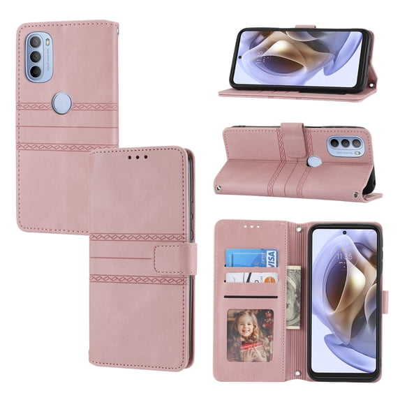 Mantto Wallet Case for Motorola Moto G Power (2022), Magnetic Closure Folio PU Leather Shockproof Hand Strap Full Body Credit Card Slot Kickstand Cover For Motorola Moto G Power (2022), Pink