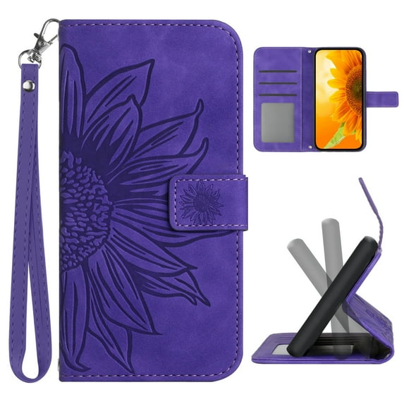 Mantto Wallet Case for Motorola Moto G Stylus 5G (2021) 6.8 inch,Stylish Sunflower Embossed PU Leather Shockproof Protective Magnetic Flip Kickstand Card Slots Phone Cover with Wrist Strap,Darkpurple
