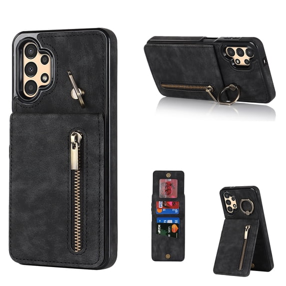 Mantto Wallet Case for Samsung A14 5G, Slim Premium Credit Card Slot, Zipper Wallet Case with Ring Holder Kickstand Leather Magnetic Flip Back Shockproof Cover for Samsung Galaxy A14 5G, Black