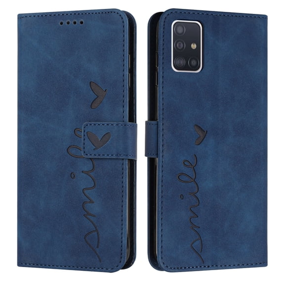Mantto Wallet Case For Samsung A51 Case 5G, Magnetic Closure Heart Patterned Embossed PU Leather Kickstand Credit Card Holder Slots Wrist Strap Flip Folio Cover for Samsung Galaxy A51 5G,Blue