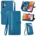thumbnail image 1 of Mantto Wallet Case for Samsung Galaxy A32 5G,Flower Pattern Embossed PU Leather Kickstand Flip Folio Zipper Wallet Purse Cover Case with Card Holder Wrist Strap, Blue, 1 of 7