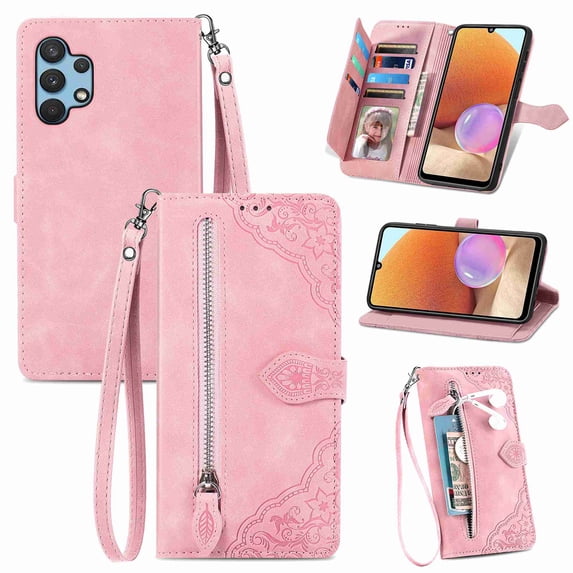 Mantto Wallet Case for Samsung Galaxy A32 5G,Flower Pattern Embossed PU Leather Kickstand Flip Folio Zipper Wallet Purse Cover Case with Card Holder Wrist Strap, Pink