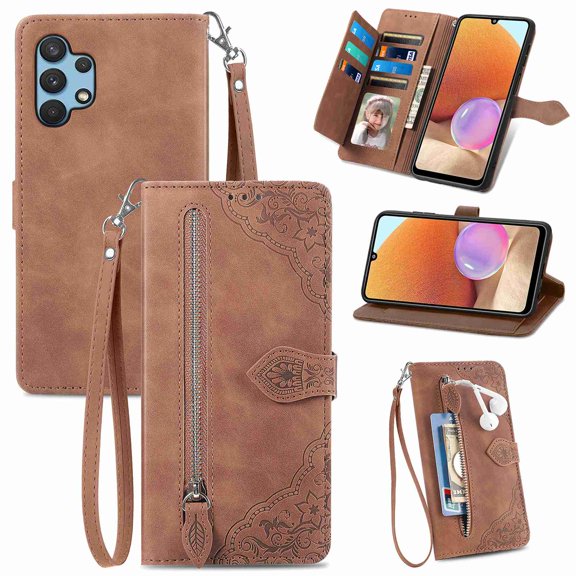 Mantto Wallet Case for Samsung Galaxy A32 5G,Flower Pattern Embossed PU Leather Kickstand Flip Folio Zipper Wallet Purse Cover Case with Card Holder Wrist Strap, Brown