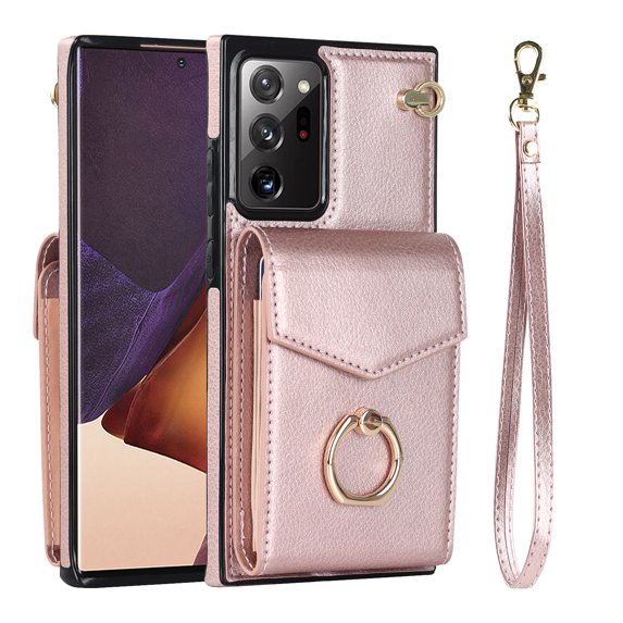 Mantto Wallet Case for Samsung Galaxy Note 20 Ultra, Card Slots Bag Magnetic Finger Ring Holder Kickstand Case with PU Leather Shockproof RFID Blocking Wrist Strap Handbag Cover,Rosegold