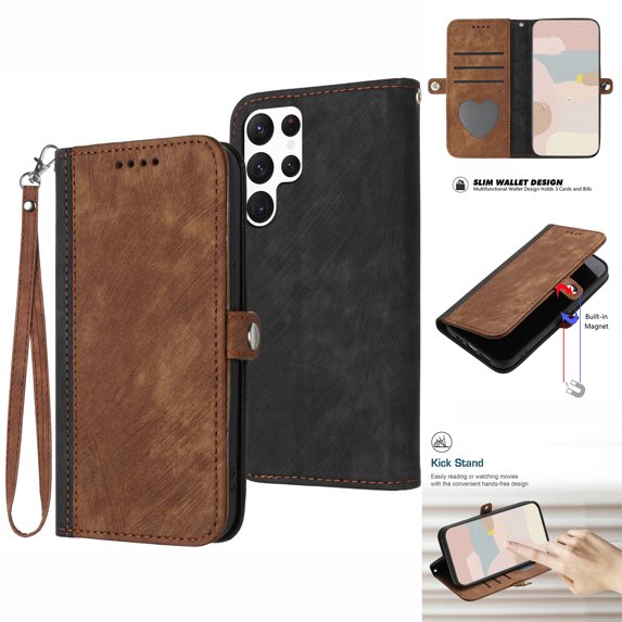 Mantto Wallet Case for Samsung Galaxy S22 Ultra, Premium PU Leather Flip Folio Case with Card Slots Holder Magnetic Clasp Detachable Wrist Strap Handbag Kickstand Glossy Cover,Brown