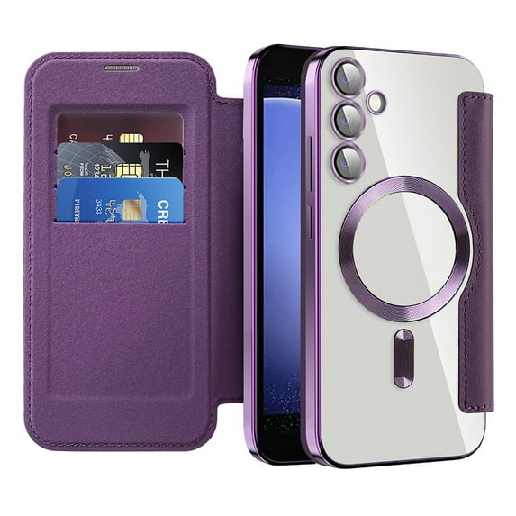 Mantto Wallet Case for Samsung Galaxy S23 FE,Compatible with Magsafe Charging,Luxury PU Leather Plating Magnetic Flip RFID Blocking Card Slots Phone Case with Anti-scratch Lens Film,Purple