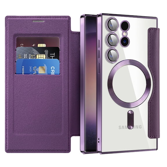 Mantto Wallet Case for Samsung Galaxy S24 Ultra,Compatible with Magsafe Charging,Luxury PU Leather Plating Magnetic Flip RFID Blocking Card Slots Phone Case with Anti-scratch Lens Film,Purple