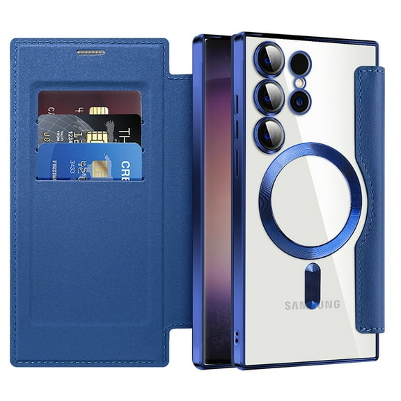 Mantto Wallet Case for Samsung Galaxy S24 Ultra,Compatible with Magsafe Charging,Luxury PU Leather Plating Magnetic Flip RFID Blocking Card Slots Phone Case with Anti-scratch Lens Film,Darkblue