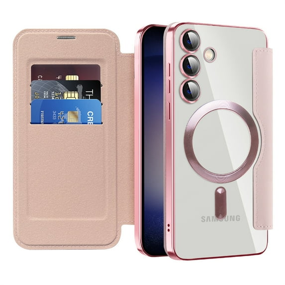 Mantto Wallet Case for Samsung Galaxy S25 Edge,Compatible with Magsafe Charging,Luxury PU Leather Plating Magnetic Flip RFID Blocking Card Slots Phone Case with Anti-scratch Lens Film,Pink