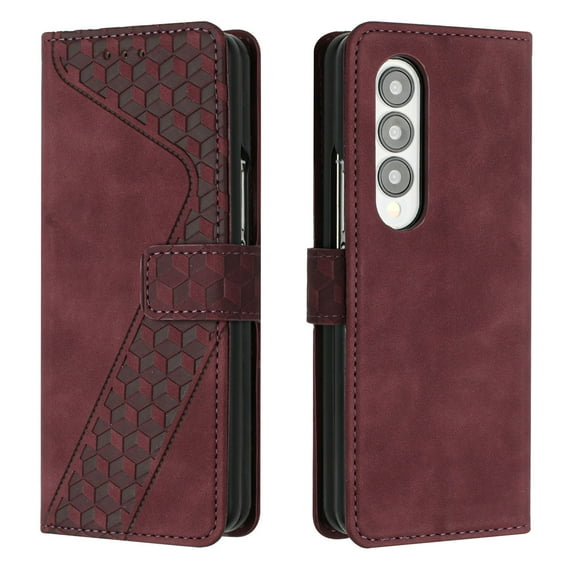 Mantto Wallet Case For Samsung Galaxy Z Fold 3,Luxury Leather Magnetic Flip Card Slots Stand 360 Protection Shockproof Soft TPU Cover with Detachable Wrist Strap.For Samsung Galaxy Z Fold 3,Winered
