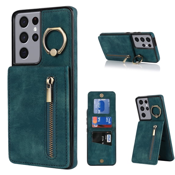 Mantto Wallet Case for Samsung S21 Ultra, Slim Premium Credit Card Slot, Zipper Wallet Case with Ring Holder Kickstand Leather Magnetic Flip Back Shockproof Cover for Samsung Galaxy S21 Ultra, Blue