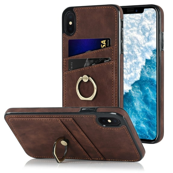 Mantto Wallet Case for iPhone XS/X with Card Slots Finger Ring Holder Kickstand Camera Protective Shockproof Case For iPhone XS/X,Coffee