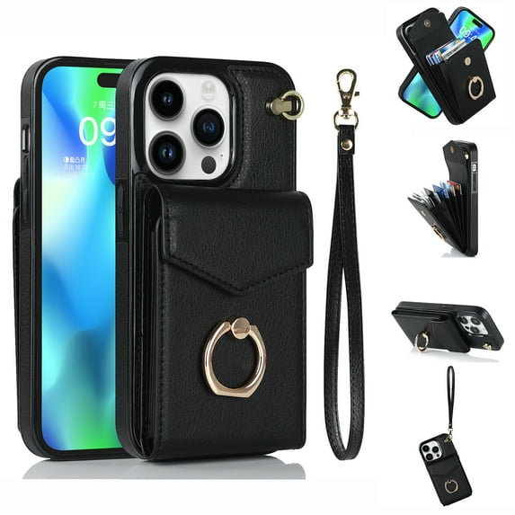 Mantto Wallet Case for iPhone 11 Pro Max with Kickstand Rotated Finger Ring Holder Bracket Case, PU Leather Card Slots Magnetic Case with RFID Blocking Protective Shockproof Wrist Strap Case,Black