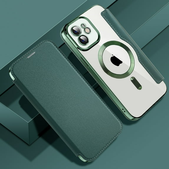 Mantto Wallet Case for iPhone 12,Compatible with Magsafe Charging,Luxury PU Leather Plating Shockproof Magnetic Flip RFID Blocking Card Slots Phone Case with Anti-scratch Lens Film,Darkgreen