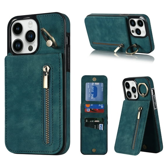 Mantto Wallet Case for iPhone 12 Pro/12, Slim Premium Credit Card Slot, Zipper Wallet Case with Ring Holder Kickstand Leather Magnetic Flip Back Shockproof Cover For iPhone 12/12 Pro, Blue