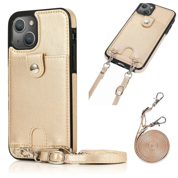 Mantto Wallet Case for iPhone 13 6.1", Crossbody Strap PU Leather Protective Handbag Card Holder Kickstand Detachable Shoulder Strap Back Phone Cover For iPhone 13,
Gold