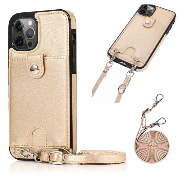 Mantto Wallet Case for iPhone 13 Pro 6.1", Crossbody Strap PU Leather Protective Handbag Card Holder Kickstand Detachable Shoulder Strap Back Phone Cover For iPhone 13 Pro,
Gold