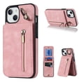 thumbnail image 1 of Mantto Wallet Case for iPhone 14 Plus, Slim Premium Credit Card Slot, Zipper Wallet Case with Ring Holder Kickstand Leather Magnetic Flip Back Shockproof Cover For iPhone 14 Plus, Pink, 1 of 12