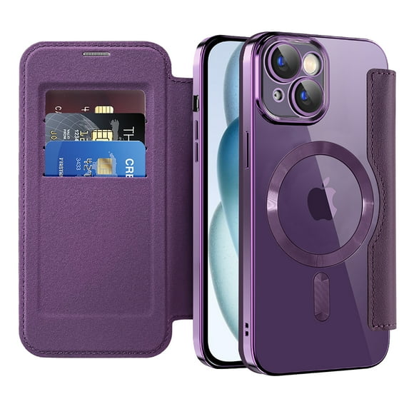 Mantto Wallet Case for iPhone 15 Plus,Compatible with Magsafe Charging,Luxury PU Leather Plating Shockproof Magnetic Flip RFID Blocking Card Slots Phone Case with Anti-scratch Lens Film,Purple
