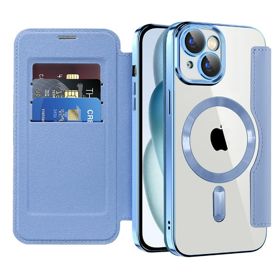 Mantto Wallet Case for iPhone 15 Plus,Compatible with Magsafe Charging,Luxury PU Leather Plating Shockproof Magnetic Flip RFID Blocking Card Slots Phone Case with Anti-scratch Lens Film,Blue