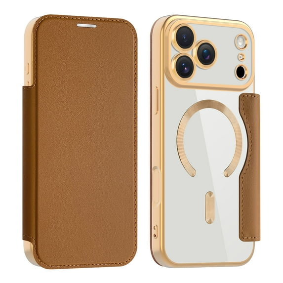 Mantto Wallet Case for iPhone 17 Pro,Compatible with Magsafe Charging,Luxury PU Leather Plating Magnetic Flip RFID Blocking Card Slots Phone Case with Anti-scratch Lens Film,Brown