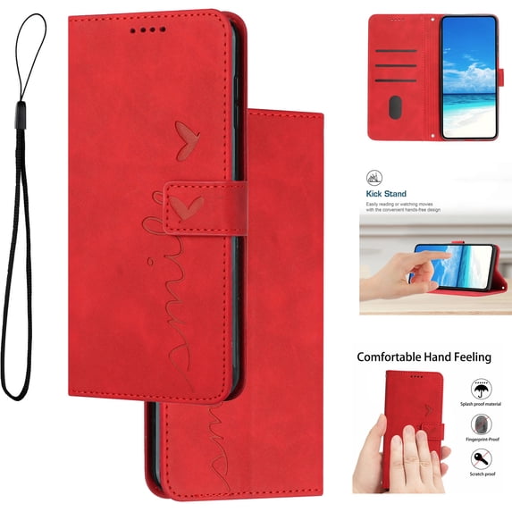 Mantto Wallet Case For iPhone SE 2024, Magnetic Closure Heart Patterned Embossed PU Leather Kickstand Credit Card Holder Slots Wrist Strap Flip Folio Cover,Red