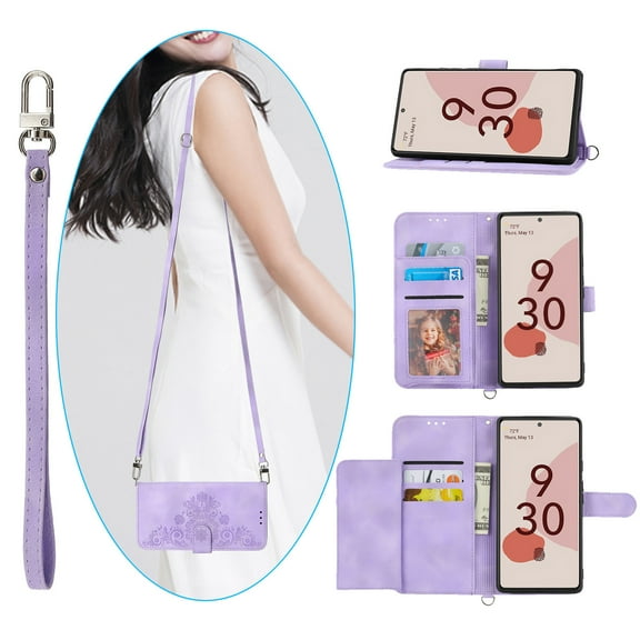 Mantto Wallet Crossbody Case for Google Pixel 7, Magnetic Flip Embossed Shoulder Strap & Short Hand Strap Wallet Card Slot PU Leather Case with Kickstand For Google Pixel 7, Purple
