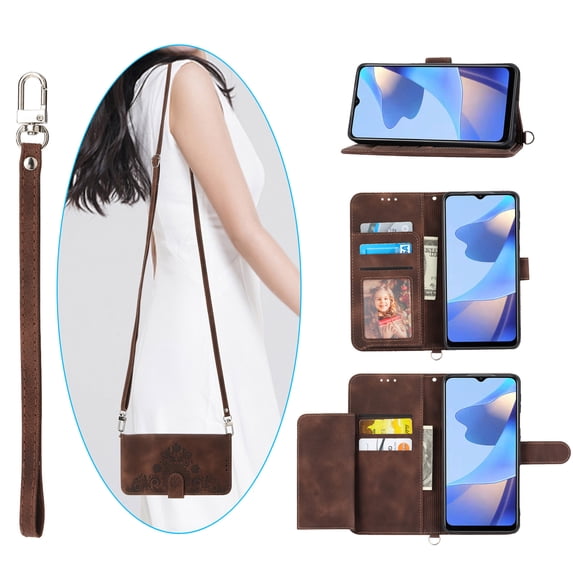 Mantto Wallet Crossbody Case for Samsung A13 5G, Magnetic Flip Embossed Shoulder Strap & Short Hand Strap Wallet Card Slot PU Leather Case with Kickstand for Samsung Galaxy A13 5G, Brown