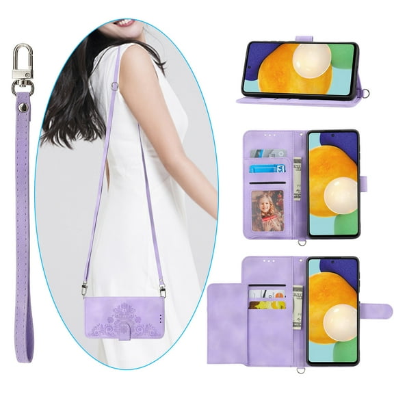 Mantto Wallet Crossbody Case for Samsung S23 Ultra, Magnetic Flip Embossed Shoulder Strap & Short Hand Strap Wallet Card Slot PU Leather Case with Kickstand for Samsung Galaxy S23 Ultra, Purple