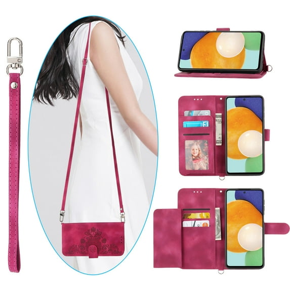 Mantto Wallet Crossbody Case for Samsung Z Fold4, Magnetic Flip Embossed Shoulder Strap & Short Hand Strap Wallet Card Slot PU Leather Case with Kickstand for Samsung Galaxy Z Fold4, Winered