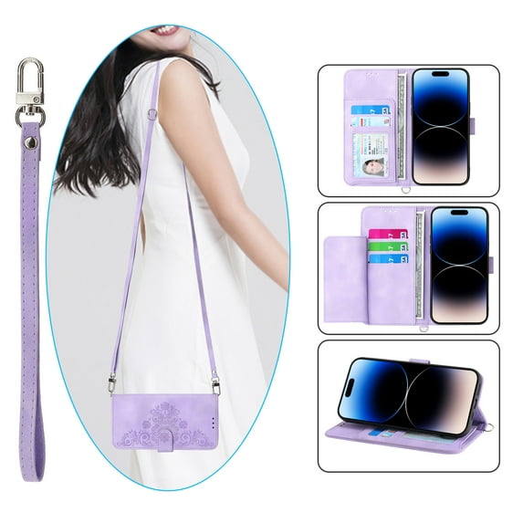 Mantto Wallet Crossbody Case for iPhone 13 Pro, Magnetic Flip Embossed Shoulder Strap & Short Hand Strap Wallet Card Slot PU Leather Case with Kickstand For iPhone 13 Pro, Purple