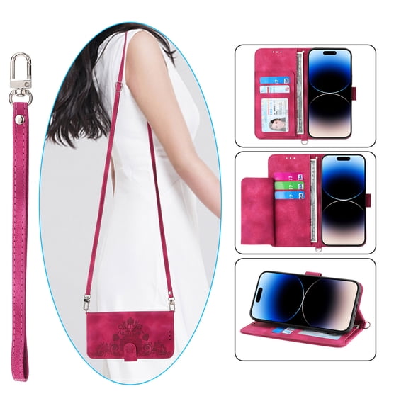 Mantto Wallet Crossbody Case for iPhone 13 Pro, Magnetic Flip Embossed Shoulder Strap & Short Hand Strap Wallet Card Slot PU Leather Case with Kickstand For iPhone 13 Pro, Winered