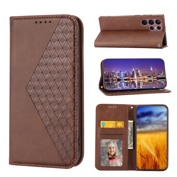 Mantto Wallet Phone Case for Samsung Galaxy S23 Ultra (6.8 inch),for Women Men,Premium PU Leather Magnetic Closure Flip Cover Credit Card Slots Kickstand Protective Case with Wrist Strap,Brown