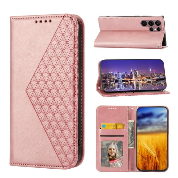 Mantto Wallet Phone Case for Samsung Galaxy S23 Ultra (6.8 inch),for Women Men,Premium PU Leather Magnetic Closure Flip Cover Credit Card Slots Kickstand Protective Case with Wrist Strap,Rosegold