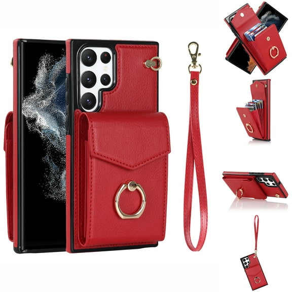 Mantto Wallet Phone Case for Samsung Galaxy S24 Ultra, Accordion Purse Card Holder Case with Finger Ring Kickstand RFID Blocking Wrist Strap, Stylish PU Leather Shockproof Protection Cover, Red