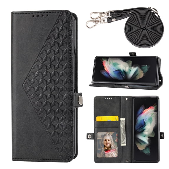 Mantto Wallet Phone Case for Samsung Galaxy Z Fold 5,for Women Men, Crossbody Premium PU Leather Magnetic Clasp Flip Cover Credit Card Slots Kickstand Protective Case with Shoulder Strap,Black