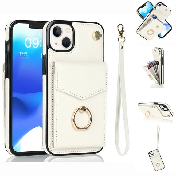 Mantto Wallet Phone Case for iPhone 15, Accordion Purse Card Holder Case with Finger Ring Kickstand RFID Blocking Wrist Strap, Stylish PU Leather Shockproof Protection Cover, White