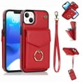 thumbnail image 1 of Mantto Wallet Phone Case for iPhone 15, Accordion Purse Card Holder Case with Finger Ring Kickstand RFID Blocking Wrist Strap, Stylish PU Leather Shockproof Protection Cover, Red, 1 of 9