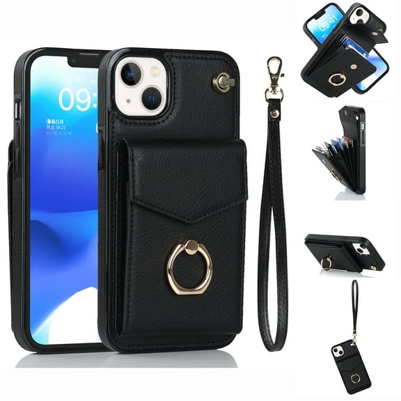 Mantto Wallet Phone Case for iPhone 15, Accordion Purse Card Holder Case with Finger Ring Kickstand RFID Blocking Wrist Strap, Stylish PU Leather Shockproof Protection Cover, Black