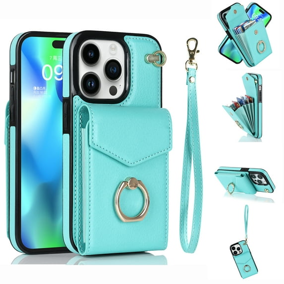 Mantto Wallet Phone Case for iPhone 15 Pro Max, Accordion Purse Card Holder Case with Finger Ring Kickstand RFID Blocking Wrist Strap, Stylish PU Leather Shockproof Protection Cover, Mint