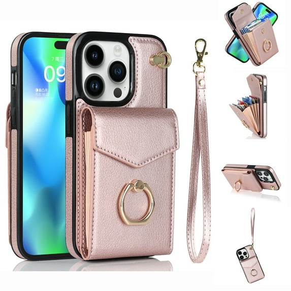 Mantto Wallet Phone Case for iPhone 15 Pro Max, Accordion Purse Card Holder Case with Finger Ring Kickstand RFID Blocking Wrist Strap, Stylish PU Leather Shockproof Protection Cover, Rosegold